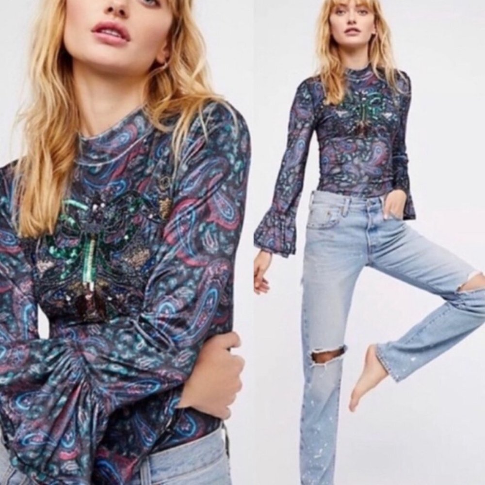 NEW Free People Velvet L'Amour Bell Sleeve Top Size XS Velour Bohemian Mock Neck